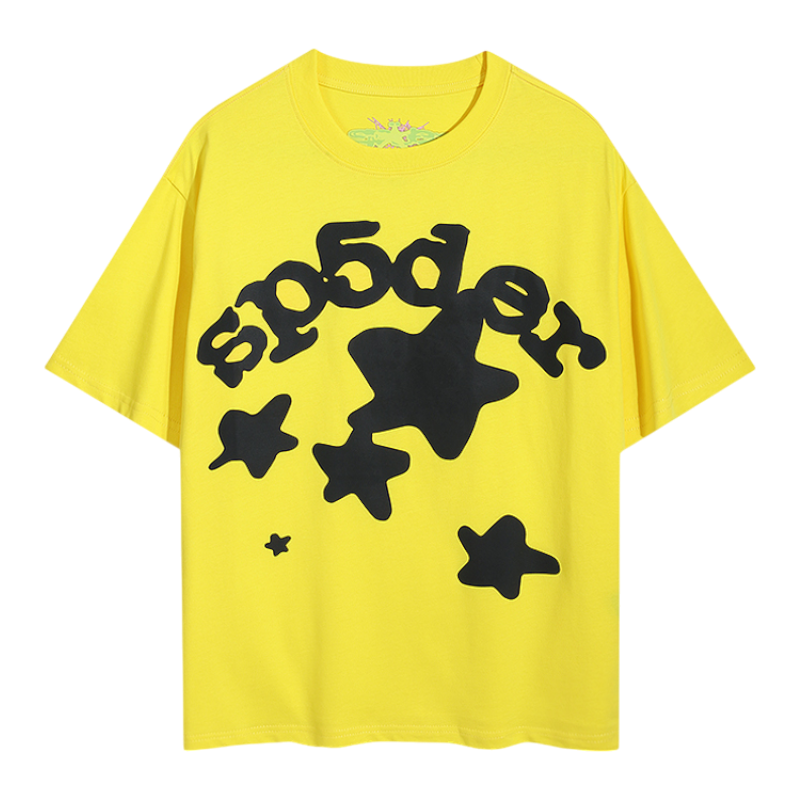 Front view of the Sp5der Worldwide Star Beluga T-shirt in bright yellow with a black cosmic star graphic print.