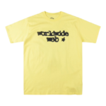 Front view of the vibrant yellow SP5DER Worldwide Web Tee featuring a bold graphic print for a streetwear style.