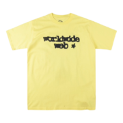 Front view of the vibrant yellow SP5DER Worldwide Web Tee featuring a bold graphic print for a streetwear style.