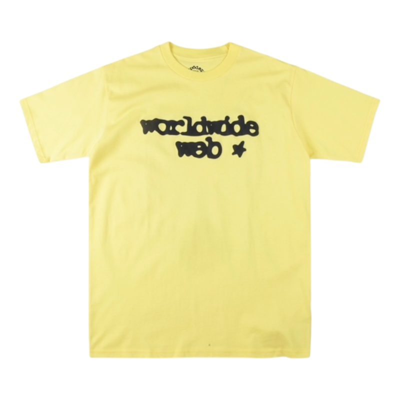 SP5DER Worldwide Web Tee Yellow Front View Front view of the vibrant yellow SP5DER Worldwide Web Tee featuring a bold graphic print for a streetwear style.