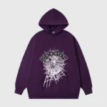 A vibrant purple Sp5der Web Hoodie featuring a signature streetwear graphic print on the front and relaxed fit.