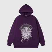 A vibrant purple Sp5der Web Hoodie featuring a signature streetwear graphic print on the front and relaxed fit.