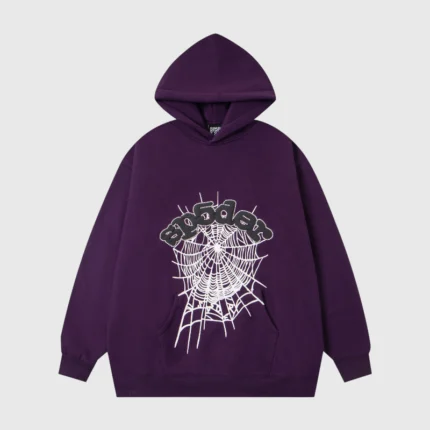 A vibrant purple Sp5der Web Hoodie featuring a signature streetwear graphic print on the front and relaxed fit.
