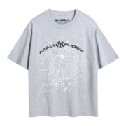 Grey Sp5der Arach Phobia New York T-shirt featuring a detailed white spider web graphic and urban streetwear style.
