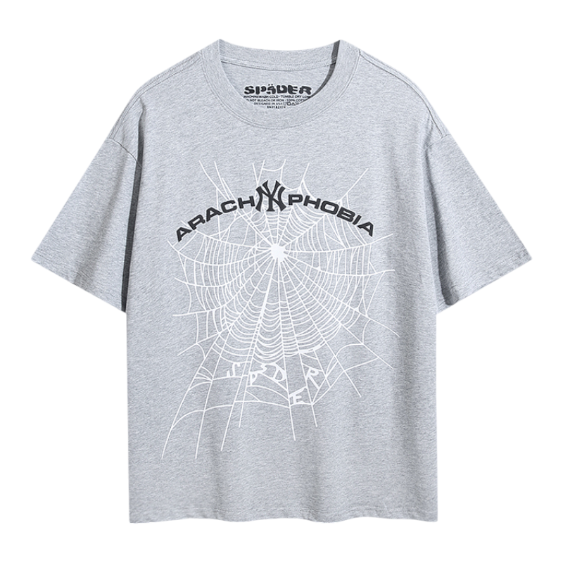 Grey Sp5der Arach Phobia New York T-shirt featuring a detailed white spider web graphic and urban streetwear style.