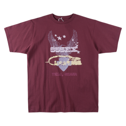Maroon SP5DER Worldwide 5EX tee shirt featuring graphic eagle and star print details with Tema, Ghana text branding.