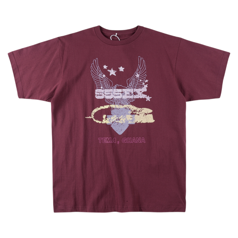 SP5DER WORLDWIDE 5EX Tee Shirt Maroon Maroon SP5DER Worldwide 5EX tee shirt featuring graphic eagle and star print details with Tema, Ghana text branding.