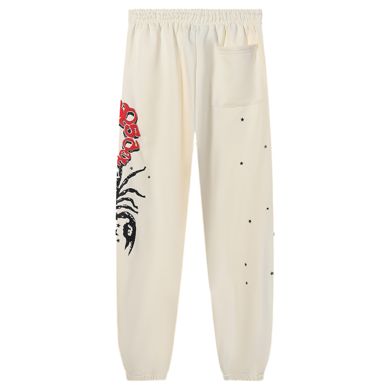Sp5der x Mariah the Scientist Scorpion Sweatpants in cream featuring a distinctive scorpion graphic design detail.