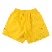 Sp5der yellow athletic shorts with a bold five-star print and a tastefully embroidered logo for performance style.