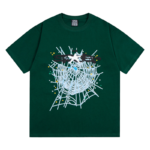 Green SP5DER T-shirt featuring a gothic punk web print design, showcased from a front view for a rebellious style.