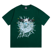 Green SP5DER T-shirt featuring a gothic punk web print design, showcased from a front view for a rebellious style.
