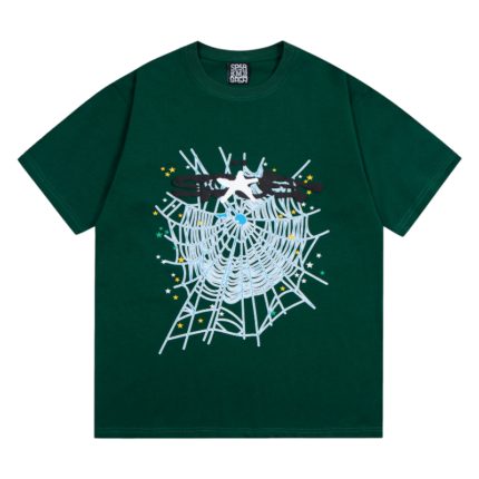 Green SP5DER T-shirt featuring a gothic punk web print design, showcased from a front view for a rebellious style.