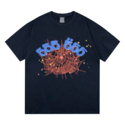 Front view of the black Sp5der 555 Young Thug T-shirt with signature spider web graphic and blue number branding.