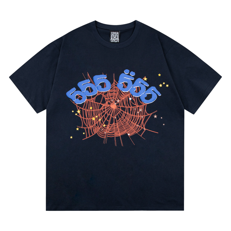 Front view of the black Sp5der 555 Young Thug T-shirt with signature spider web graphic and blue number branding.