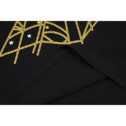 Closeup of the premium fabric and iconic gold web print design on the black SP5DER Gothic Punk style T-shirt.