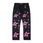 Sp5der 5Star Vintage 501 Denim in black featuring a unique pink star pattern and premium construction for a stylish look.