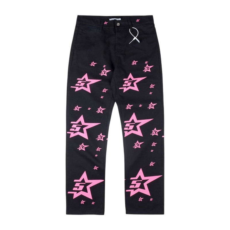 Sp5der 5Star Vintage 501 Denim in black featuring a unique pink star pattern and premium construction for a stylish look.