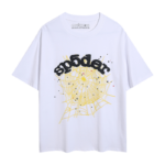 White Sp5der T-shirt featuring a yellow spider web graphic and black Sp5der logo inscription on the front chest area.