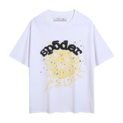 White Sp5der T-shirt featuring a yellow spider web graphic and black Sp5der logo inscription on the front chest area.