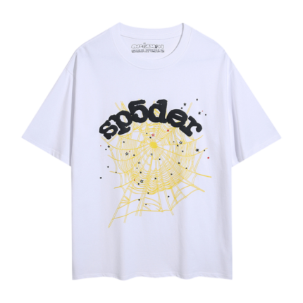 White Sp5der T-shirt featuring a yellow spider web graphic and black Sp5der logo inscription on the front chest area.