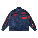 Sleek blue Sp5der satin bomber jacket with red graphic details, perfect for a modern athletic streetwear look
