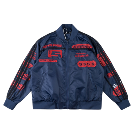 Sleek blue Sp5der satin bomber jacket with red graphic details, perfect for a modern athletic streetwear look