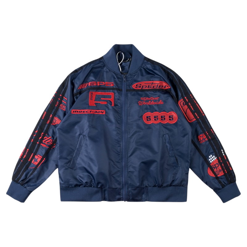 Sleek blue Sp5der satin bomber jacket with red graphic details, perfect for a modern athletic streetwear look