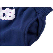 A close-up view of the dark blue Sp5der Worldwide OG Web Logo sweat shorts featuring premium fabric and comfortable fit.