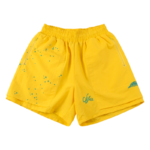 Yellow Sp5der sports shorts featuring a unique five-star print and a tastefully embroidered Sp5der brand logo.