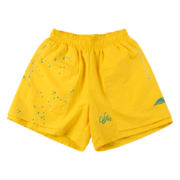 Yellow Sp5der sports shorts featuring a unique five-star print and a tastefully embroidered Sp5der brand logo.