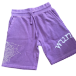Pair of comfortable Sp5der Worldwide Wunna purple shorts featuring a signature spider web and Wunna graphic design.