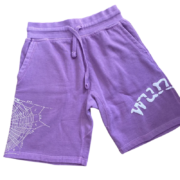 Pair of comfortable Sp5der Worldwide Wunna purple shorts featuring a signature spider web and Wunna graphic design.