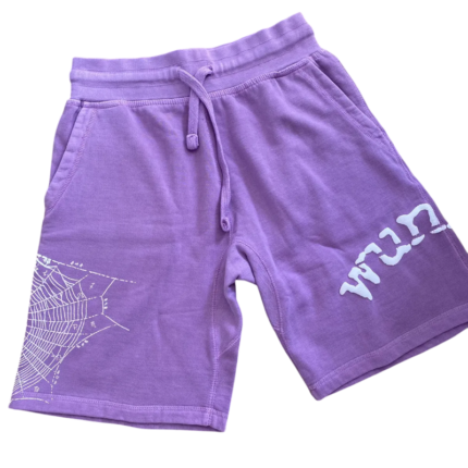 Pair of comfortable Sp5der Worldwide Wunna purple shorts featuring a signature spider web and Wunna graphic design.
