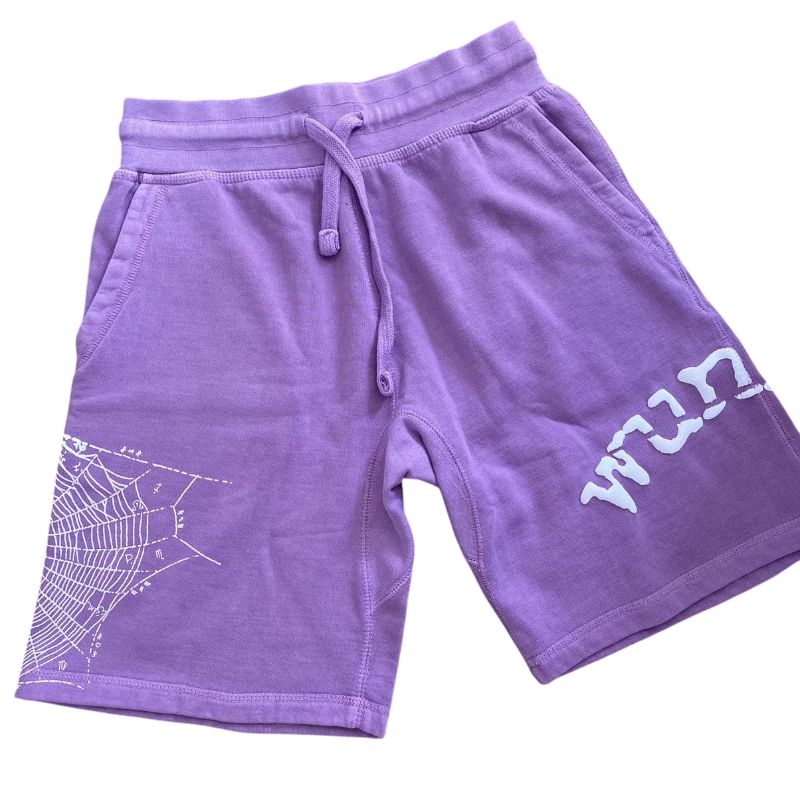Pair of comfortable Sp5der Worldwide Wunna purple shorts featuring a signature spider web and Wunna graphic design.