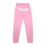 Premium pink Sp5der Atlanta sweatpants featuring iconic white branding and a starry distressed design detail.