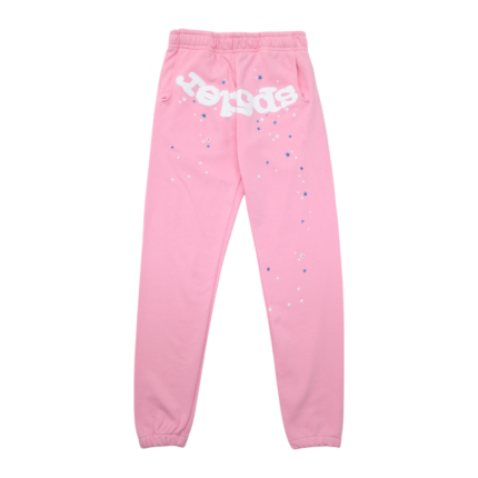 Premium pink Sp5der Atlanta sweatpants featuring iconic white branding and a starry distressed design detail.