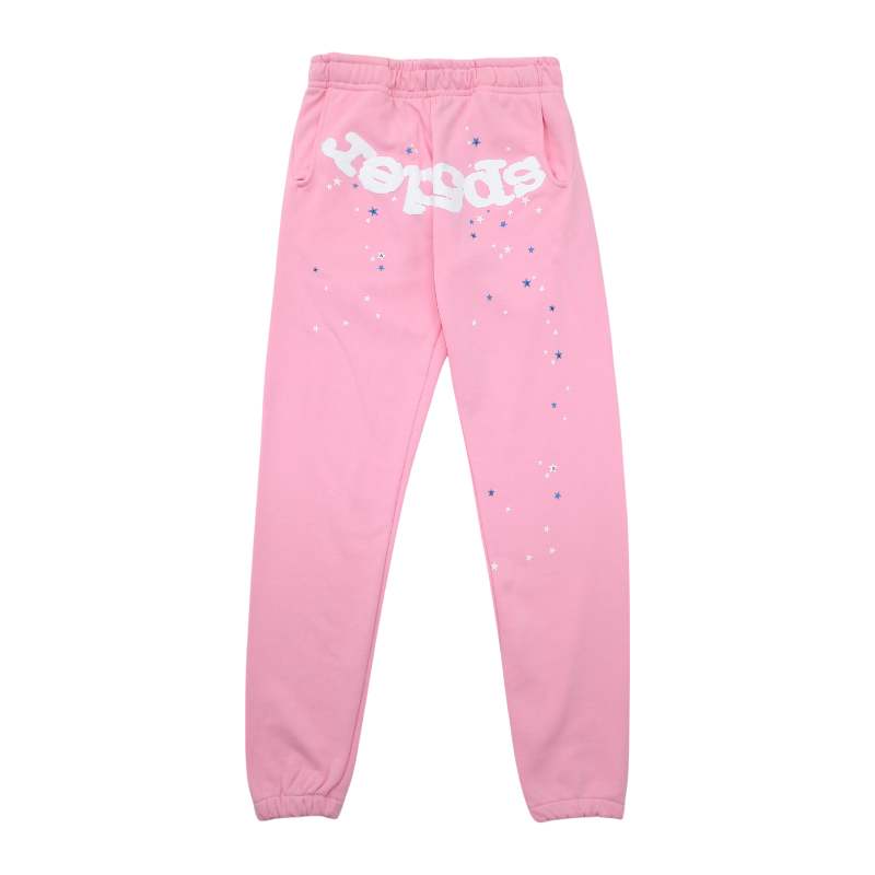 Premium pink Sp5der Atlanta sweatpants featuring iconic white branding and a starry distressed design detail.