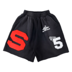 Front view of the black Sp5der cut sweatshorts featuring red and white graphic logo patches and premium construction.
