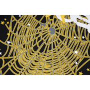 Close up of the SP5DER web print design on a black gothic punk t-shirt with stylized yellow webs and small white stars.