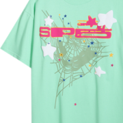 Front view of a seafoam green Sp5der graphic t-shirt featuring a web design with colorful star accents and text logo.