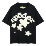 The Sp5der Worldwide Star Beluga black T-shirt featuring a bold graphic design of stars in a stylish streetwear aesthetic.