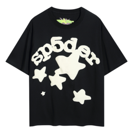 The Sp5der Worldwide Star Beluga black T-shirt featuring a bold graphic design of stars in a stylish streetwear aesthetic.