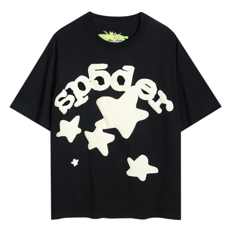 The Sp5der Worldwide Star Beluga black T-shirt featuring a bold graphic design of stars in a stylish streetwear aesthetic.