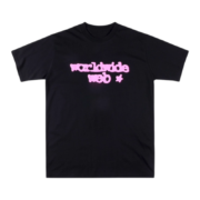 SP5DER Worldwide Web black tee with a bold pink graphic design for a stylish and comfortable streetwear look.