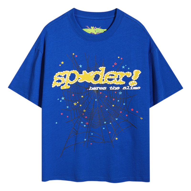 Front view of the Royal Blue Sp5der Summer Sports T-shirt featuring a spider web graphic and branded text logo.