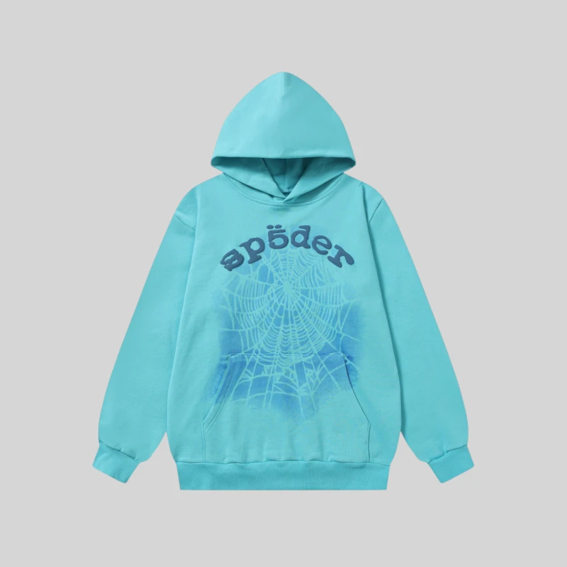 Sp5der OG Web V2 Spray Hoodie 'Light Blue' front view