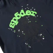 Front view of the Sp5der Wait Web Hoodie in Slate Grey featuring a vibrant green logo and spider web graphic print.