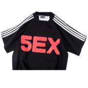 Stylish black Sp5der 5EX short-sleeve top featuring white sleeve stripes and bold red graphic lettering on the front.