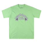 Front view of the Sp5der Worldwide t-shirt in slime green color with a distinctive gray graphic logo on the chest