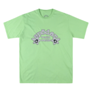 Front view of the Sp5der Worldwide t-shirt in slime green color with a distinctive gray graphic logo on the chest
